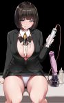  1girl black_background black_hair black_jacket black_skirt blue_eyes bottle breasts closed_mouth cum cum_in_mouth cum_on_body cum_on_breasts detached_collar dildo highres ishimiso_(ishimura) jacket large_breasts long_sleeves lube microskirt office_lady original panties partially_unbuttoned sex_toy short_hair sitting skirt smile solo squeeze_bottle squirting_dildo syringe underwear white_panties 