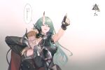  1boy 1girl arknights blonde_hair cape choke_hold closed_eyes demon_boy demon_horns gauntlets gloves green_hair happy horns hoshiguma_(arknights) long_hair manfred_(arknights) oni oni_horns pointing single_horn strangling translation_request u_jie 