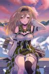 1girl ahase_hino arrow_(projectile) bangs belt bird blush braid breasts brown_eyes brown_hair character_request choker cleavage final_fantasy final_fantasy_brave_exvius garter_straps gloves hairband hand_on_own_head hand_up highres large_breasts long_sleeves off-shoulder_shirt off_shoulder open_mouth outdoors quiver sailor_collar scenery shirt single_garter_strap single_thighhigh sitting sitting_on_railing skindentation skirt sky smile snow sunset thigh_strap thighhighs tree twilight waist_cape war_of_the_visions:_final_fantasy_brave_exvius wind 