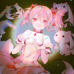  1girl :3 closed_mouth dress gloves hair_between_eyes highres kaname_madoka krrmanto kyubey magical_girl mahou_shoujo_madoka_magica pink_dress pink_hair red_eyes smile variations white_gloves 