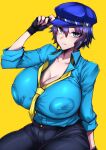  1girl absurdres blue_eyes blue_hair blue_headwear blue_shirt breasts cabbie_hat cleavage fingerless_gloves gggg gloves hat highres huge_breasts necktie persona persona_4 shirogane_naoto shirt short_hair simple_background solo yellow_background yellow_necktie 