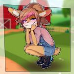  anthro barn bedroom_eyes blush brown_hair clothed clothing female footwear fur grin hair hi_res lagomorph leporid mammal narrowed_eyes outside overalls pink_nose purple_eyes rabbit scut_tail seductive shoes short_tail sicmop smile solo tail tan_body tan_fur young 