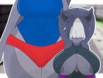  ahoge angry anthro big_breasts big_butt breasts butt duo elizabeth_(mrschllyay) erect_nipples felid feline female fur grey_body grey_fur hair hair_over_eyes hi_res huge_breasts hybrid jealous lakie_(mrschllyay) mammal mephitid mrschllyay nipples sibling sister sisters size_difference skunk tail thick_tail thick_thighs visible_nipples wide_hips 