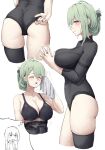  1girl absurdres adjusting_clothes ahoge ass asymmetrical_legwear black_bodysuit black_bra black_thighhighs blush bodysuit bra braid breasts cameltoe cleavage de_lacey_(girls&#039;_frontline_nc) enin girls&#039;_frontline girls&#039;_frontline_neural_cloud green_hair hair_between_eyes hand_under_clothes handkerchief highres holding_handkerchief large_breasts leotard multiple_views single_thighhigh skindentation steepled_fingers sweatdrop thighhighs thighs underwear wiping_sweat 