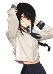  1girl bangs black_hair blue_neckerchief blue_sailor_collar braid braided_ponytail chainsaw_man hands_on_own_head highres long_hair looking_at_viewer nayuta_(chainsaw_man) neckerchief niroxin ringed_eyes sailor_collar school_uniform serafuku sidelocks simple_background solo white_background yellow_eyes 