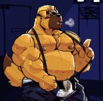  aggressive_retsuko anthro armor bodily_fluids bottomwear brown_body bulge canid canine canis clothed clothing construction_worker dirty_underwear dokachin domestic_dog eyes_closed eyewear fur glasses hard_hat headgear helmet kofu_grizzly_chubby male mammal musclegut muscular nipples open_bottomwear open_clothing open_pants pants pecs sanrio sigh simple_background solo sweat tail tight_clothing underwear 