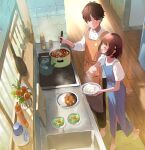  1boy 1girl absurdres ahoge apron bangs barefoot blue_apron blush bob_cut brown_hair closed_eyes collarbone cooking curry cutting_board flat_chest flower food from_above highres holding indoors kettle ladle long_sleeves looking_at_another medium_hair open_mouth orange_apron original plate purple_eyes rice salad shirt short_hair short_sleeves sink skillet smelling smile stove tasuku_(otomebotan) white_shirt wooden_floor 