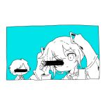  1boy 1girl anonymous_m_(vocaloid) aqua_background arufa_faru bangs censored chibi closed_mouth collared_shirt commentary cs_voca greyscale_with_colored_background hand_up hatsune_miku identity_censor long_hair lowres necktie shirt simple_background tokumei_radio twintails vocaloid wing_collar 