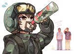  3boys alcohol animification bottle brown_eyes brown_hair drinking facial_hair fish goggles goggles_on_headwear green_headwear green_jacket helmet highres jacket james_may jeremy_clarkson katyusha_(girls_und_panzer) meme microphone multiple_boys real_life richard_hammond saliva_drip sweatdrop the_grand_tour vodka white_background 