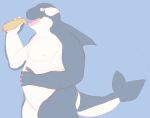  2015 5_fingers anthro blue_background cetacean colored_sketch digital_media_(artwork) dolphin dorsal_fin featureless_crotch fin fingers fish_tail flukes food grey_body grey_skin guide_lines hand_on_own_belly holding_food holding_object hot_dog looking_aside looking_at_viewer male mammal marine nipples nobodyshouse nude nude_male oceanic_dolphin open_mouth open_smile orca pecs portrait sharp_teeth side_view simple_background sketch smile solo teeth three-quarter_portrait toothed_whale white_body white_skin 