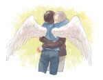  2boys angel_wings arms_around_neck arms_around_waist bangs black_hair black_shirt blue_shirt closed_eyes commentary_request couple covered_mouth cropped_legs denim expressionless facing_away facing_viewer feathered_wings from_behind gradient_background grey_hair grey_pants hair_over_one_eye hug jeans katsuki_yuuri long_sleeves male_focus multiple_boys mutual_hug pants r_inami shirt simple_background swept_bangs two-tone_background viktor_nikiforov white_background white_wings wings yaoi yellow_background yuri!!!_on_ice 