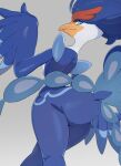  ambiguous_gender anthro avian beak big_butt blue_eyes butt feathers generation_9_pokemon hi_res idobata_hp kemono looking_back nintendo pokemon pokemon_(species) pose quaquaval rear_view solo standing tail_feathers walking wings 