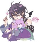  2boys absurdres black_hair blue_eyes demon_boy demon_wings ensemble_stars! heterochromia highres itsuki_shu kagehira_mika long_sleeves looking_at_viewer male_focus multiple_boys pink_hair purple_eyes sketch stuffed_animal stuffed_toy sushi_171 teddy_bear tongue tongue_out white_background wings yellow_eyes 