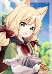  1girl :d animal_ear_fluff animal_ears bangs black_cape blonde_hair blue_sky blush book bow braid cape capelet cloud commentary_request day flower fox_ears fox_girl frilled_sleeves frills green_capelet green_eyes hair_bow highres holding holding_book long_hair long_sleeves looking_at_viewer neckerchief open_mouth outdoors pink_flower pixiv_fantasia pixiv_fantasia_scepter_of_zeraldia red_bow red_cape red_flower red_neckerchief shindo_hachigo shirt sky smile solo tree twin_braids two-sided_cape two-sided_fabric upper_body white_shirt 