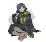  1girl blue_hair difman feet fingerless_gloves gloves highres hogwarts_legacy holding holding_wand mole mole_under_eye necktie orange_eyes original pantyhose robe simple_background skirt slytherin soles solo wand white_background 