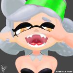  2022 absurd_res animal_humanoid breasts cephalopod cephalopod_humanoid cleavage clothed clothing cross_pupils ear_piercing fangs female finger_in_mouth fish_hooking hair hand_on_face headgear headwear hi_res humanoid humanoid_pointy_ears inkling looking_at_viewer marie_(splatoon) marine marine_humanoid mollusk mollusk_humanoid nintendo open_mouth piercing pseudo_hair solo splatoon supermoonshroom teeth tentacle_hair tentacles text tongue uvula watermark 