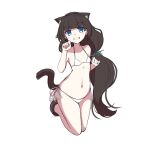  1girl absurdres animal_ears bangs bare_arms bare_shoulders barefoot bikini black_hair blue_eyes cat_ears cat_girl cat_tail collarbone full_body grin hand_up highres long_hair looking_at_viewer original shirasu_youichi side-tie_bikini_bottom simple_background smile solo swimsuit tail very_long_hair white_background white_bikini 