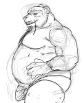  4_fingers anthro barely_contained bear belly blizzard_entertainment briefs clothed clothing digital_drawing_(artwork) digital_media_(artwork) eyes_closed facial_hair fan_character fingers genitals giant_panda goatee guide_lines half-erect hand_on_own_belly male mammal monochrome musclegut mustache nobodyshouse open_mouth pandaren penis penis_base poking_out portrait pubes sharp_teeth side_view simple_background sketch solo teeth three-quarter_portrait topless topless_male underwear warcraft white_background 