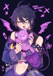  1boy absurdres black_hair black_shirt blue_eyes dated demon_boy demon_tail demon_wings ensemble_stars! happy_birthday heterochromia highres jacket kagehira_mika looking_at_viewer male_focus open_mouth purple_jacket shirt short_hair solo stuffed_animal stuffed_toy sushi_171 tail teddy_bear wings yellow_eyes 