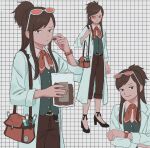  1girl 23011620x ace_attorney apollo_justice:_ace_attorney bag belt black_belt brown_hair brown_pants closed_mouth collared_shirt ema_skye eyewear_on_head food glasses half_updo highres holding holding_bag holding_food labcoat long_hair long_sleeves looking_at_viewer multiple_views necktie pants ponytail shirt shoulder_bag sidelocks simple_background sleeves_rolled_up smile solo standing white_shirt 