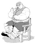  2023 absurd_res anthro bear belly big_belly bottomwear chair clothing crave_saga furniture hi_res humanoid_hands kemono kumagaya_shin male mammal monochrome overweight overweight_male pants sitting solo 