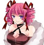  1girl arizigoku0627 bangs bare_shoulders breasts cleavage closed_mouth dark_hunter dark_hunter_4 drill_hair large_breasts pink_hair purple_eyes sekaiju_no_meikyuu sekaiju_no_meikyuu_1 simple_background smile solo twin_drills upper_body white_background 