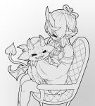  ambiguous_gender anthro chair clothed clothing debidebi_debiru demon demon_humanoid female fur furniture grey_body grey_fur hooves horn humanoid membrane_(anatomy) membranous_wings monochrome nijisanji on_chair on_lap oribiyo rindou_mikoto semi-anthro sitting sitting_on_chair sitting_on_lap spade_tail virtual_youtuber wings 