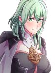 1girl armor bangs blush bodice breasts bustier byleth_(female)_(fire_emblem) byleth_(fire_emblem) coat commentary enlightened_byleth_(female) fire_emblem fire_emblem:_three_houses green_eyes hair_between_eyes highres large_breasts light_green_hair medium_hair shoulder_armor solo tassel to_(tototo_tk) turtleneck upper_body white_background 