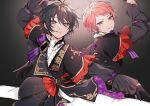  2boys absurdres amagi_rinne black_background black_hair blue_eyes brown_eyes ensemble_stars! facing_viewer grey_background heterochromia highres kagehira_mika long_sleeves looking_at_viewer looking_to_the_side male_focus multicolored_background multiple_boys pink_hair purple_eyes short_hair smile sushi_171 teeth 