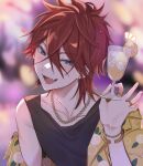  1boy absurdres amagi_rinne black_tank_top blue_eyes chain_necklace cocktail_glass cup drinking_glass ensemble_stars! head_tilt highres holding holding_cup jacket jewelry looking_at_viewer male_focus necklace open_mouth red_hair shirt_partially_removed smile solo sushi_171 tank_top teeth yellow_jacket 