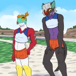  anthro anthrofied athletic bottomwear clothed clothing crop_top duo fuze generation_6_pokemon hands_on_legs hands_on_thighs hawlucha hi_res hotpants male midriff navel nintendo noivern outside pokemon pokemon_(species) pokemorph shirt shorts skimpy tank_top topwear 