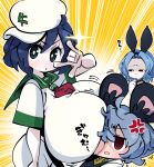  &lt;o&gt;_&lt;o&gt; 3girls \m/ alternate_breast_size anger_vein animal_ears bangs between_breasts black_eyes black_hair blue_hair blush breast_envy breasts bright_pupils cabbie_hat colored_skin commentary_request cookie_(touhou) empty_eyes face_between_breasts fake_animal_ears flour_(cookie) frown gram_9 green_sailor_collar grey_hair hat head_between_breasts huge_breasts impossible_clothes impossible_shirt kumoi_ichirin looking_at_another looking_at_viewer milk_(cookie) mouse_ears mouse_girl multiple_girls murasa_minamitsu nazrin neckerchief nyon_(cookie) open_mouth parted_bangs red_eyes red_neckerchief sailor_collar sailor_shirt shaded_face shirt short_hair short_sleeves shorts sparkle touhou upper_body white_headwear white_pupils white_shirt white_shorts white_skin yellow_background 