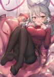  1girl :d animal_ears bangs black_pantyhose blue-framed_eyewear blush breasts brown_eyes commentary_request couch curtains fur-trimmed_sleeves fur_trim glasses granblue_fantasy grey_hair hair_between_eyes hands_up highres indoors large_breasts long_sleeves looking_at_viewer lying no_shoes on_back on_couch over-rim_eyewear panties panties_under_pantyhose pantyhose petals pleated_skirt red_skirt red_sweater ribbed_sweater semi-rimless_eyewear sen_(granblue_fantasy) skirt sleeves_past_wrists smile soles solo streamers sweater thighband_pantyhose underwear uneg white_panties window 