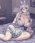  1girl babydoll bangs bed_sheet blush braid breasts cleavage glasses hair_ribbon hairband highres indie_virtual_youtuber large_breasts long_hair looking_at_viewer mi2mi2_minmi on_bed open_mouth pillow purple_eyes ribbon sitting smile solo thighhighs twin_braids virtual_youtuber white_babydoll white_hair white_thighhighs yokozuwari yomi_tsumugiha 