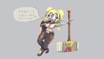  absurd_res anthro armor blonde_hair boots breasts clothed clothing dawrklawst dialogue exposed_breasts female footwear hair hammer hi_res league_of_legends leaning messy_hair poppy_(lol) riot_games shield solo speech_bubble text tools topless yordle 