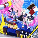  4girls :x absurdres alice_margatroid anchor_symbol animal_ears bangs black_eyes black_footwear black_hair blonde_hair blue_hair blue_sky boombox boots breasts brown_footwear chocolate_bar_print city closed_mouth cloud commentary_request cookie_(touhou) day dual_wielding dutch_angle explosion fake_animal_ears flag flat_chest flour_(cookie) food-themed_hair_ornament full_body gram_9 green_footwear grey_hair grey_skirt grey_vest ground_vehicle gun hair_ornament handgun hat highres holding holding_gun holding_weapon huge_breasts ichigo_(cookie) kumoi_ichirin leotard long_sleeves looking_afar looking_at_viewer medium_breasts medium_hair military military_vehicle milk_(cookie) missile motor_vehicle mouse_ears mouse_girl mouse_tail multiple_girls murasa_minamitsu nazrin neckerchief nyon_(cookie) open_mouth outdoors parted_bangs rabbit_ears red_eyes red_footwear red_neckerchief sailor_collar sailor_hat sailor_shirt shirt shoes short_hair shorts skirt sky smile socks strawberry_hair_ornament tail tank touhou tuxedo_leotard v-shaped_eyebrows vest waving_flag weapon white_shirt white_shorts white_socks 