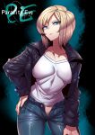  1girl aya_brea blonde_hair blue_eyes breasts copyright_name cowboy_shot denim hand_on_hip highres jacket jeans looking_at_viewer medium_hair no_panties open_fly pants parasite_eve shirt solo t-shirt translation_request tukiwani 