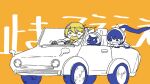  2girls astronaut bangs black_hands blonde_hair blue_eyes blue_hair bow bowtie car cat convertible driving floating_hair golden_number_(vocaloid) ground_vehicle holding in-franchise_crossover limited_palette long_hair low_twintails medium_hair motor_vehicle multiple_girls open_mouth orange_background over!_(vocaloid) ponytail sabaku_(saba9) scared screaming short_sleeves space_helmet steering_wheel sweat tearing_up trembling twintails wavy_mouth wide-eyed yellow_bow yellow_eyes 