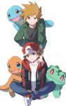  2boys absurdres bangs baseball_cap blue_oak brown_eyes brown_hair bulbasaur charmander closed_mouth commentary grin hand_on_another&#039;s_shoulder hat highres hood hood_down hoodie jayj_824 leaning_forward looking_at_viewer male_focus multiple_boys open_clothes open_hoodie pants pokemon pokemon_(creature) pokemon_(game) pokemon_frlg red_(pokemon) red_headwear shirt shoes short_hair sitting smile sneakers spiked_hair squirtle starter_pokemon_trio symbol-only_commentary teeth white_shirt 