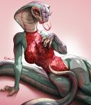  anthro blue-scales breasts claws clothing cobra eyelashes eyeshadow female fivel forked_tongue hi_res lingerie makeup red_clothing red_lingerie reptile scalie snake snake_hood solo tongue toongue_out wide_hips 