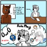  1:1 2020 3_panel_comic anthro biped black_nose blush broitscody brown_body brown_ears brown_fur brown_hair canid canine canis chest_tuft cody_(broitscody) dialogue duo e621 english_text floppy_ears fur grey_body grey_fur grey_hair hair hi_res male mammal monotone_ears multicolored_body multicolored_fur reddit text thought_bubble tuft two_tone_body two_tone_fur watermark white_body white_ears white_fur wolf 