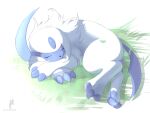  absol absurdres animal_focus artist_name claws closed_eyes commentary dated day deviantart_username english_commentary eryz full_body fur_collar grass highres lying no_humans on_ground outdoors pokemon pokemon_(creature) short_hair sidelocks signature sleeping solo twitter_username u_u white_hair 