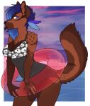  2018 5_fingers accessory alpha_channel anthro biped black_clothing black_one-piece_swimsuit black_swimwear blue_eyes blue_hair border breasts brown_body brown_fur brown_nose brown_tongue canid canine clothed clothing cloud digital_media_(artwork) female fingers flower flower_in_hair fur gradient_hair hair hair_accessory hi_res inflatable inner_tube mammal one-piece_swimsuit outside plant portrait sea sky solo standing swimwear tail three-quarter_portrait tongue tongue_out transparent_border water zyira 