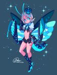  antennae arthropod_girl blue_eyes commentary_request crown dated detached_sleeves flat_chest full_body grey_hair hair_ornament hairclip high_heels highres insect_wings midriff navel original pincers puffy_short_sleeves puffy_sleeves short_hair short_shorts short_sleeves shorts signature sparkle suparu_(detteiu) tail wings 
