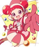  1girl bamboo_grass blush boots character_name copyright_name double_bun dress earrings foreshortening gloves hair_bun harukaze_doremi hat jewelry magical_girl ojamajo_doremi open_mouth pink_dress pink_footwear pink_headwear purple_eyes reaching_towards_viewer short_hair solo witch_hat 