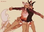  2023 anthro antlers balls biped bottomless bottomless_anthro bottomless_male brown_body brown_fur canid canine canis cantio_(lawyerdog) chin_scratch clothed clothing coyote deer digital_media_(artwork) duo erection fangs foreskin fur genitals horn humanoid_genitalia humanoid_penis lawyerdog male male/male mammal panko_(lawyerdog) penis petting smile tail tail_motion tailwag tan_body tan_fur teeth white_balls white_body white_fur 