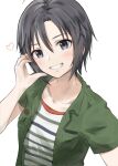  1girl antenna_hair bangs black_eyes black_hair blush breast_pocket collarbone green_jacket grin hair_between_eyes hand_to_head heart idolmaster idolmaster_(classic) jacket kikuchi_makoto light_blush looking_at_viewer mogskg open_clothes open_jacket pocket shirt short_hair short_sleeves simple_background smile solo striped striped_shirt upper_body very_short_hair white_background white_shirt 