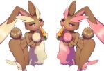  2girls :3 alternate_color animal_ears animal_nose arched_back black_sclera blush body_fur breasts brown_fur carrot collarbone colored_sclera commentary_request food furry furry_female half-closed_eyes hanayon hands_up highres holding holding_food holding_vegetable knees_together_feet_apart leaning_forward leg_up licking looking_at_viewer lopunny medium_breasts multiple_girls open_mouth partial_commentary pink_eyes pink_fur pointy_ears pokemon pokemon_(creature) rabbit_ears rabbit_girl rabbit_tail saliva sexually_suggestive shiny_and_normal shiny_pokemon simple_background standing standing_on_one_leg symmetry tail thighs tongue tongue_out two-tone_fur vegetable white_background yellow_fur 