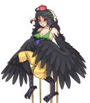  1girl bare_shoulders bird_legs black_hair black_wings book breasts caramella_licarush chair cleavage clothes_writing commentary commission cosplay english_commentary feathered_wings feathers glasses green_tank_top harpy hat highres holding holding_book karasu_tengu_(monster_girl_encyclopedia) large_breasts long_hair monet_(one_piece) monet_(one_piece)_(cosplay) monster_girl one_piece original red_eyes round_eyewear sitting smile solo striped_leggings tank_top tokin_hat winged_arms wings 