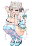  1girl :d absurdres animal_ear_fluff animal_ears arato_asato bell black_bow blue_bow blue_eyes blue_thighhighs blush bow breasts cat_ears cat_girl cat_tail cleavage cleavage_cutout clothing_cutout davi_artman dress fang footwear_bow frills full_body gloves grey_hair hair_bow highres holding holding_rattle indie_virtual_youtuber kemonomimi_mode large_breasts looking_at_viewer maid_headdress name_tag open_mouth rattle shoes short_hair simple_background smile smug solo squatting striped striped_thighhighs tail tail_bow tail_ornament thighhighs virtual_youtuber white_background 